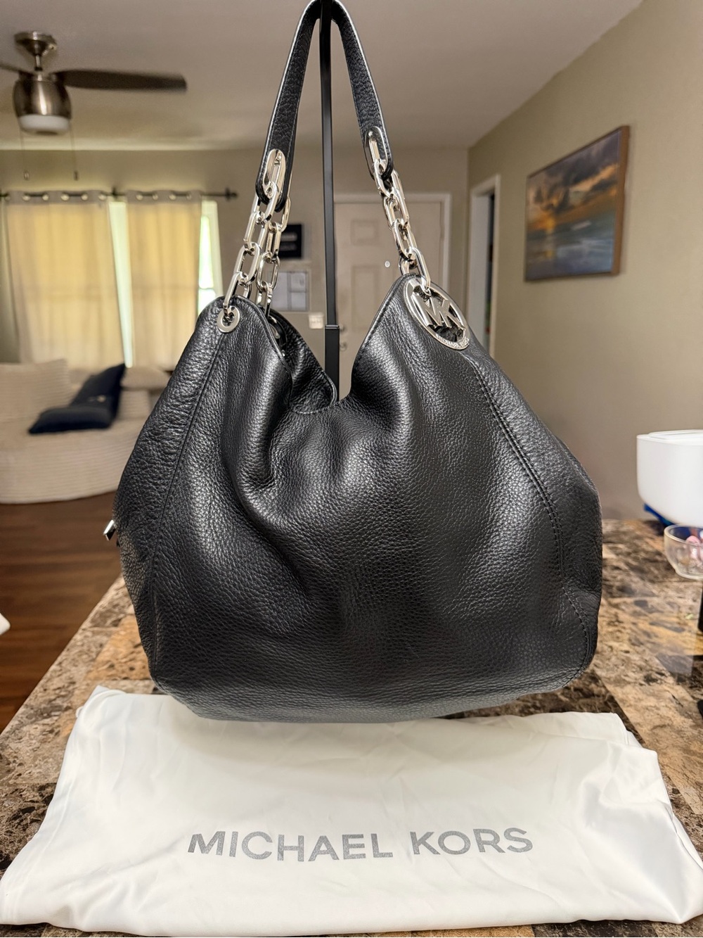 Michael Kors Black Pebbled Leather Chain-Handle Shoulder Bag